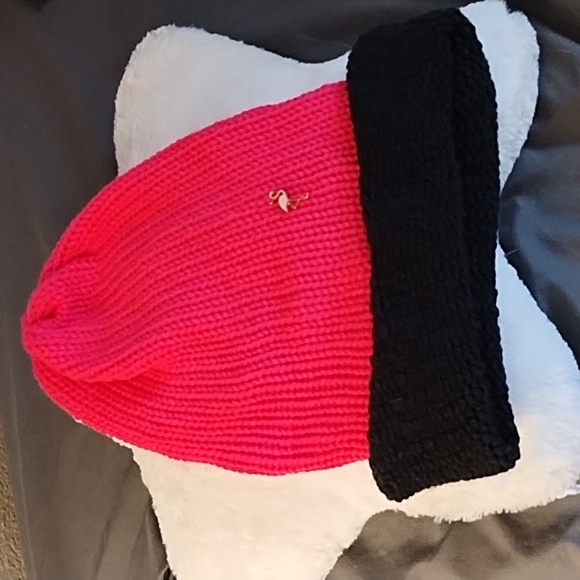 Bright Pink and black knit beanie hat adult sz with POM and Flamingo - Picture 4 of 8